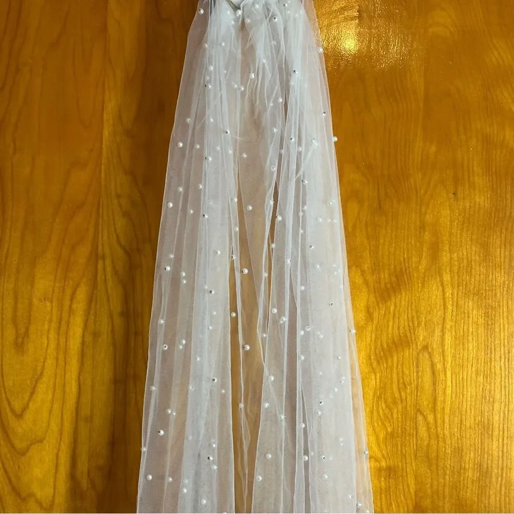 Elegant longer White Tulle Veil with Pearls